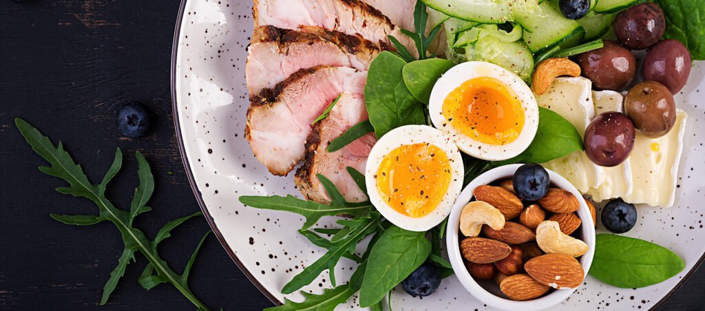 High protein salad with eggs, meat, nuts, and cheese stressing why GLP-1 patients should incorporate high protein for weight loss