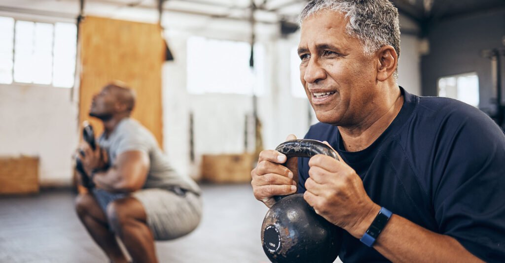 Older man exercising in a gym to promote weight loss while taking a GLP-1 medication like Trulicity for obesity and diabetes management