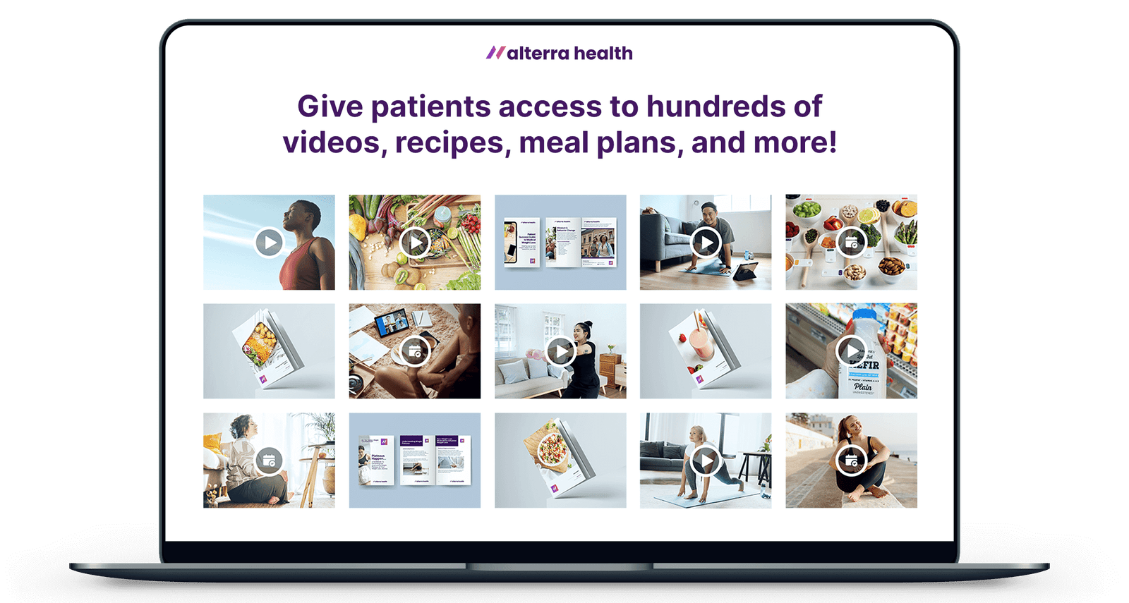 Alterra Health content library on MacBook with hundreds of videos, recipes, meal plans, and wellness resources for patients.