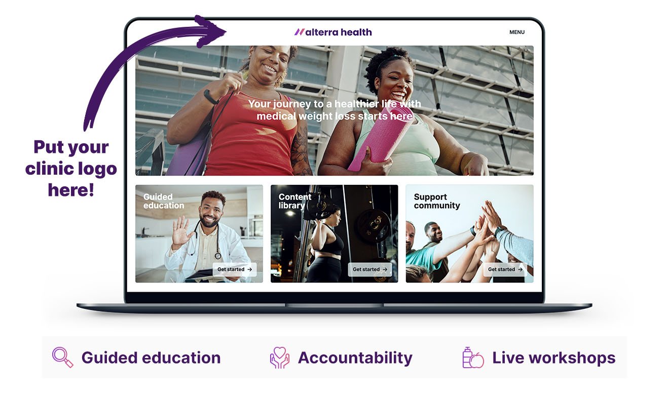 Mock-up of the Alterra Health Comprehensive Education and Support Platform for obesity medicine, direct primary care, and medical weight loss