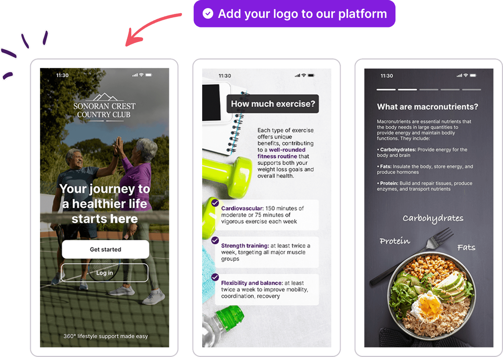 Alterra Health 360° wellness app on three iPhone screens, showcasing personalized features for Sonoran Crest Country Club members, including fitness, nutrition, and lifestyle tools.