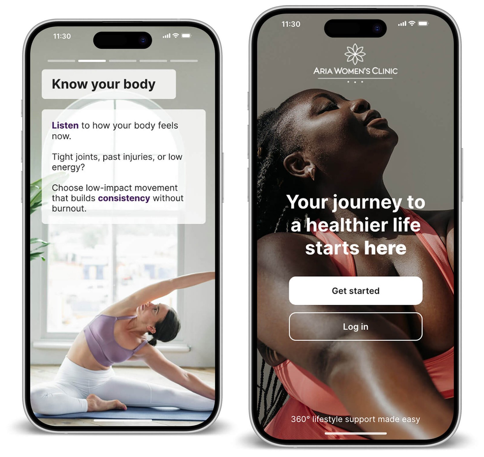 Two iPhone screens displaying the Alterra Health 360° holistic lifestyle and wellness app customized for Aria Women’s Clinic, a women’s health and medical provider office.