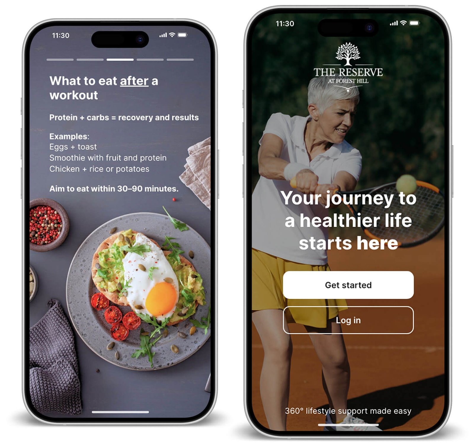 Two iPhone screens displaying the Alterra Health 360° holistic lifestyle and wellness app customized for The Reserve at Forest Hill country club.