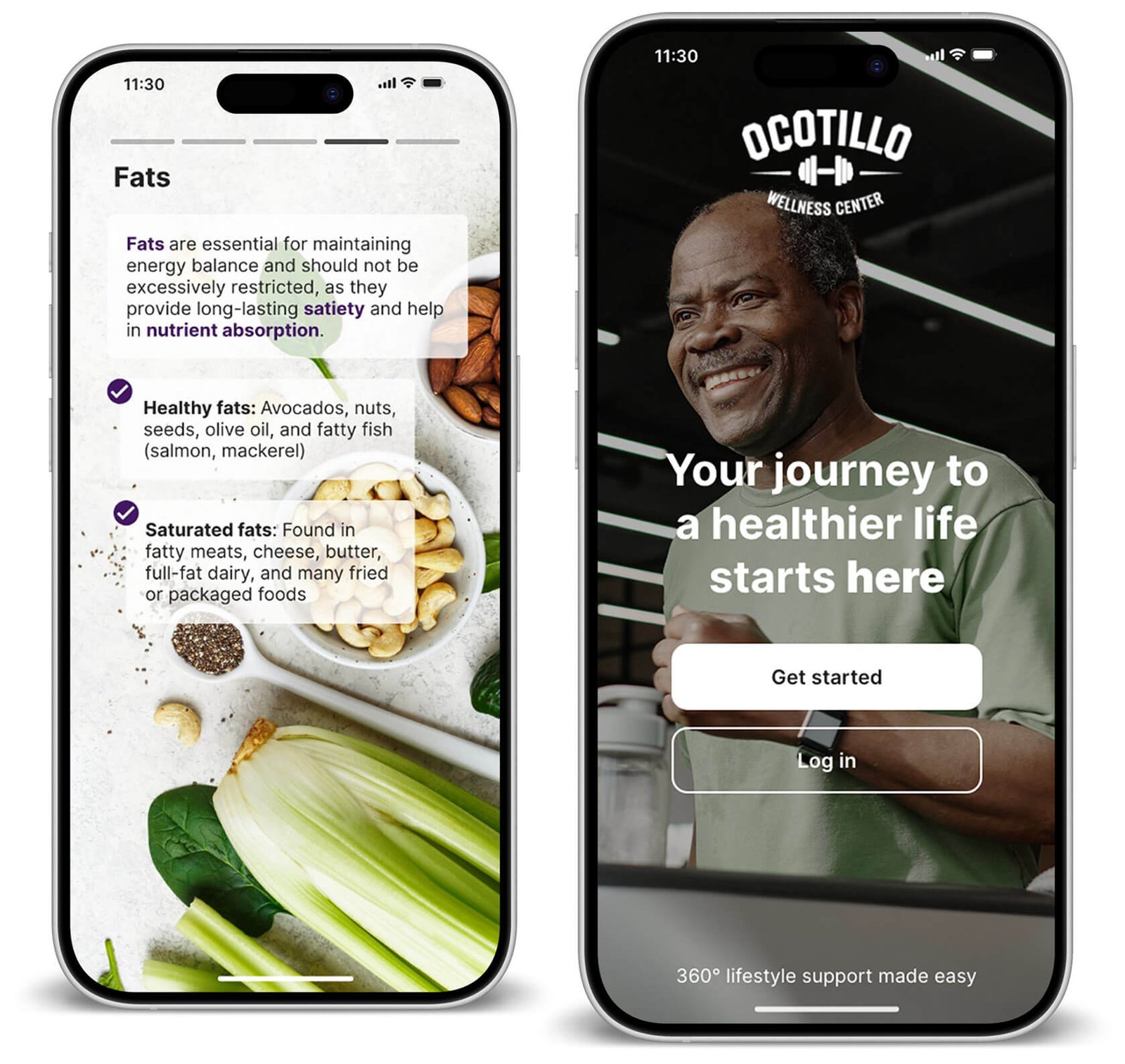 Two iPhone screens displaying the Alterra Health 360° holistic lifestyle and wellness app customized for Ocotillo Wellness Center fitness club.