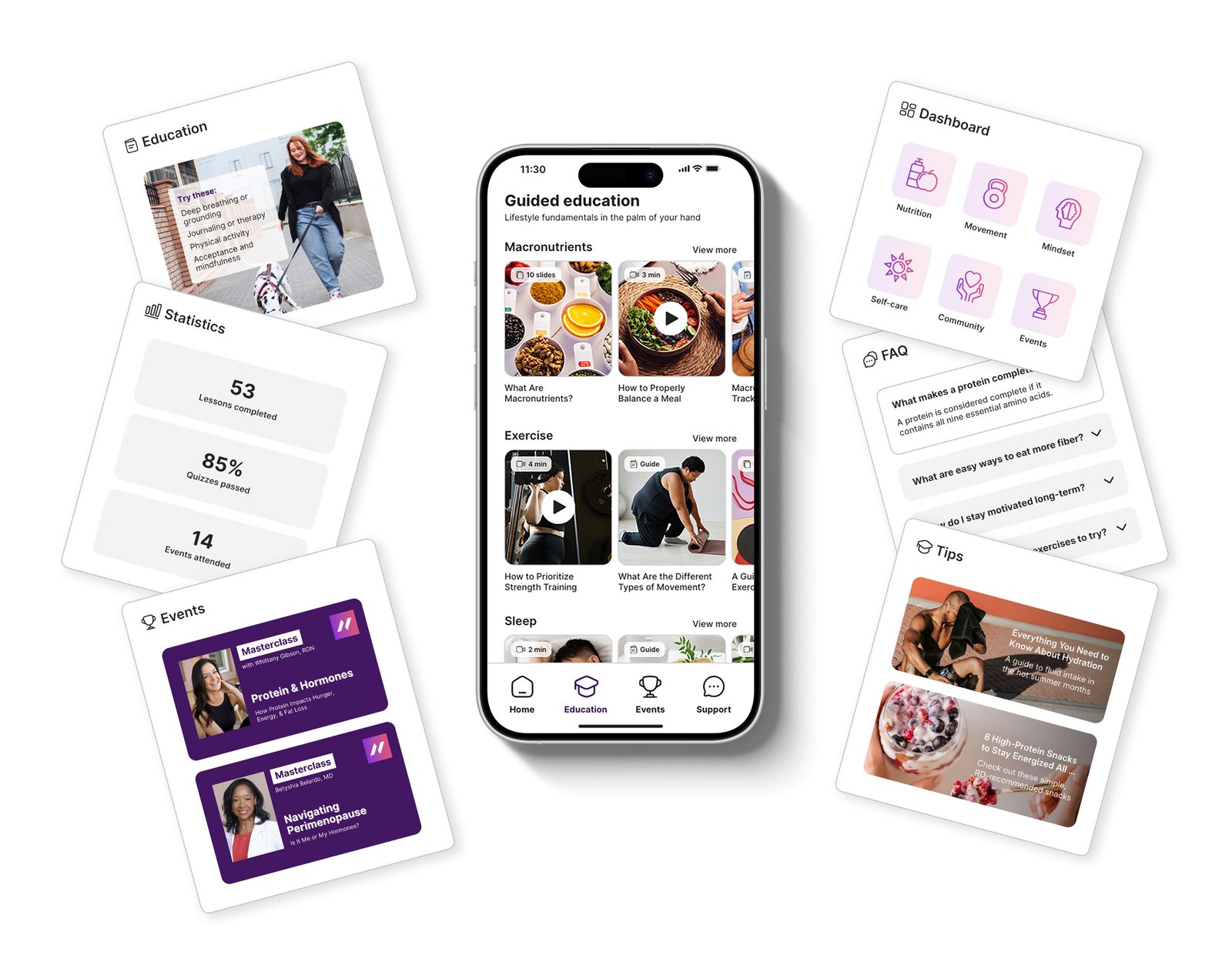 Alterra Health digital wellness app on iPhone with cards: education, health stats, community events, dashboard, FAQs, tips.