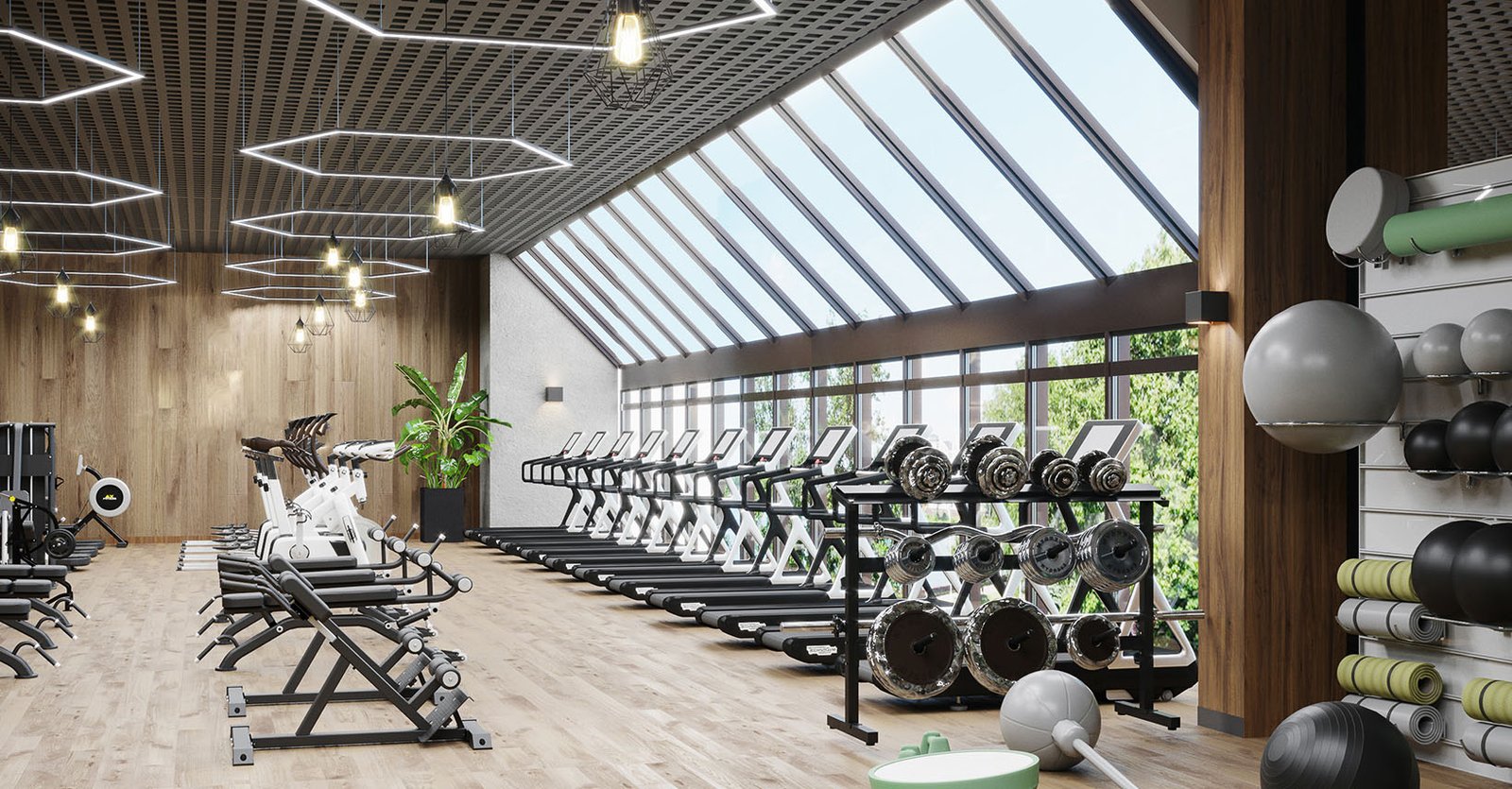 Modern, bright fitness center in a luxury wellness club or country club.