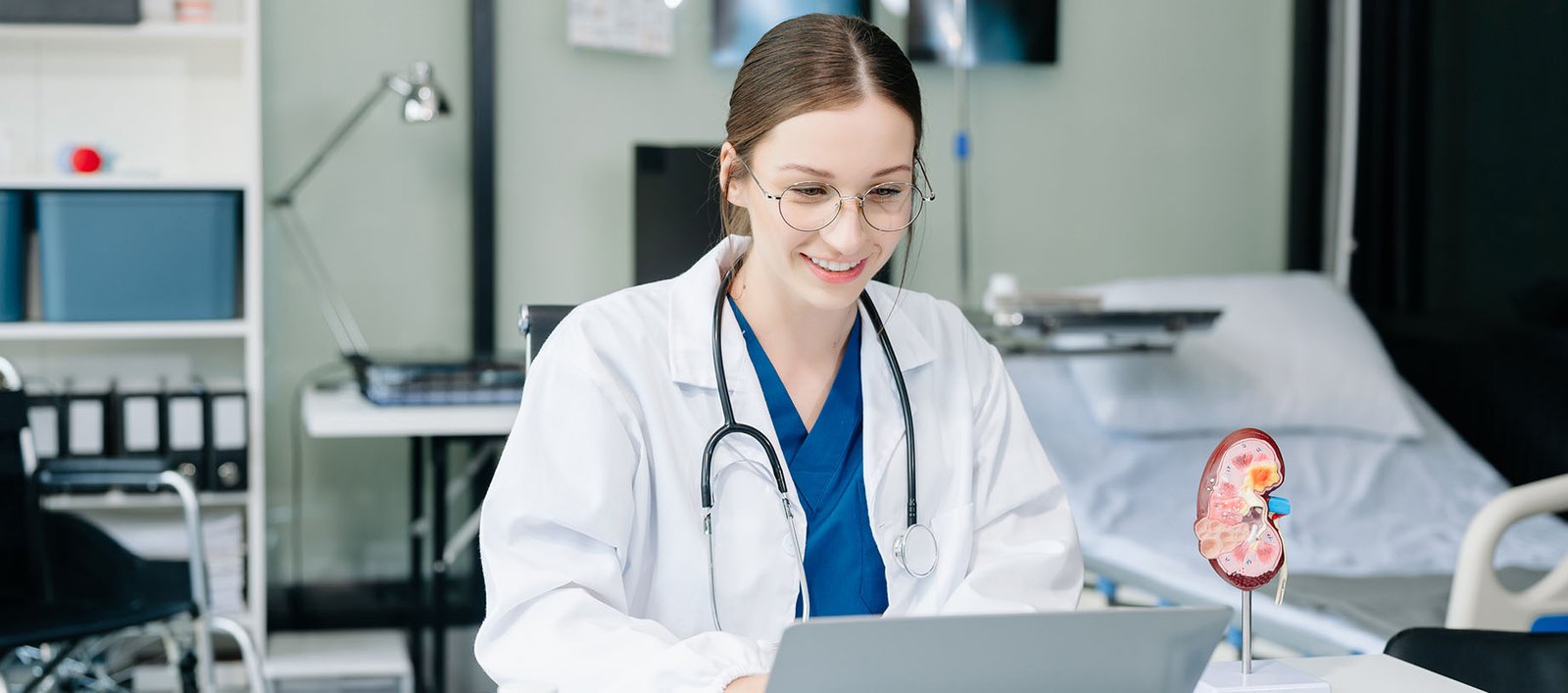 Medical doctor using AI tools in clinic to enhance patient care and support personalized lifestyle health planning.