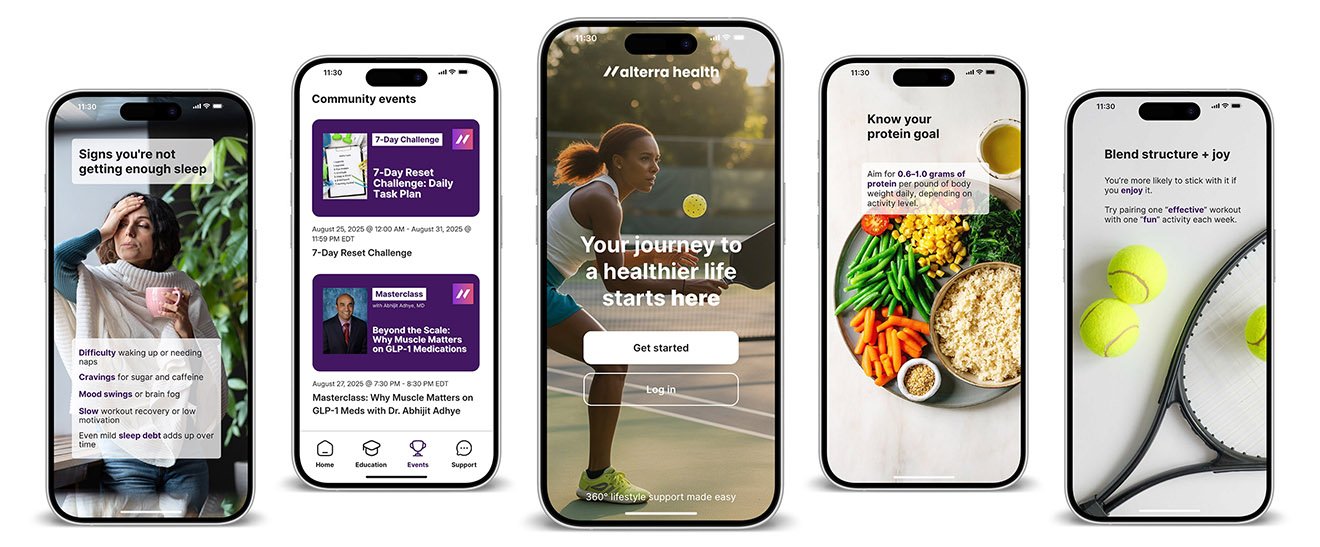 Mobile screens showing Alterra Health’s wellness app and API tools designed for country clubs.