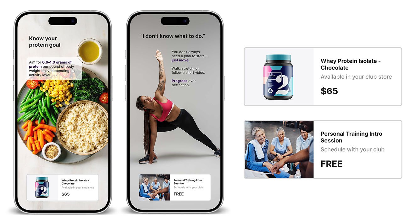 iPhone mockups showing club appointment booking and product offers inside wellness programming.