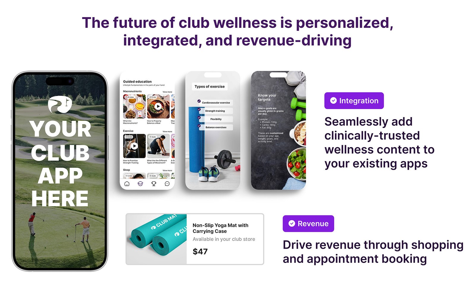 App screens demonstrating Alterra Health wellness tools designed to increase country club revenue.