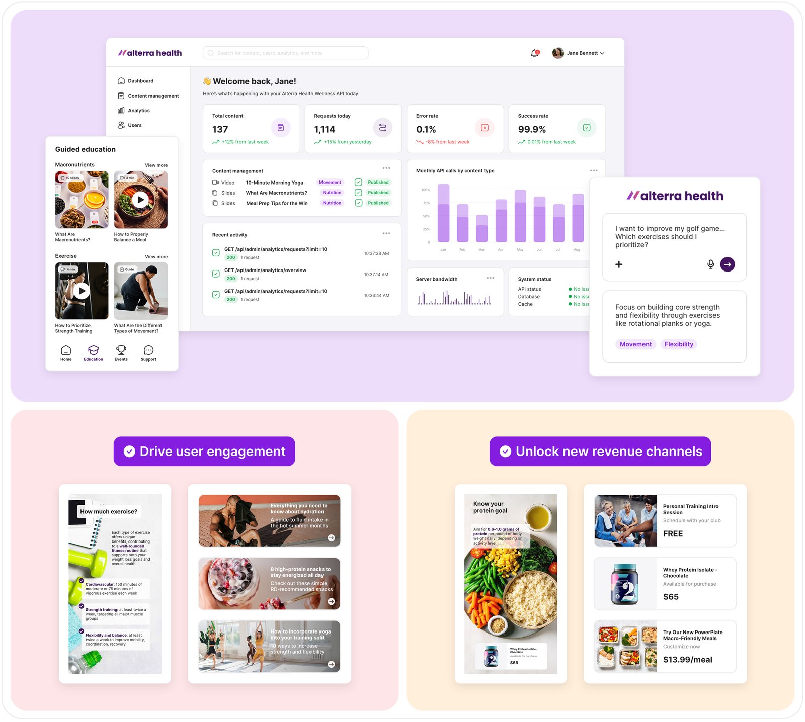 Alterra Health dashboard illustrating how wellness organizations use a unified platform to increase engagement, retention, and new revenue streams.