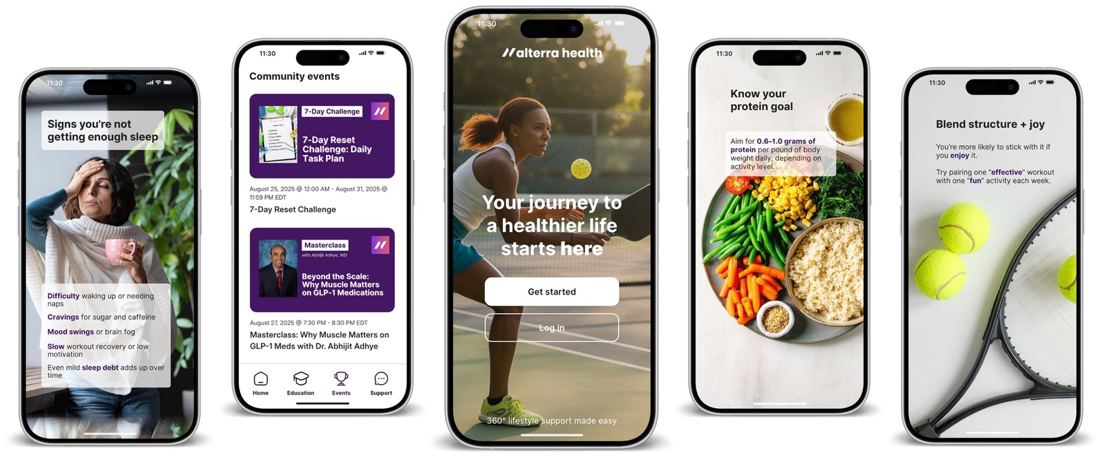 Alterra Health 360° wellness app on five iPhone screens with community events, protein goals, fitness tips, and sleep guidance.
